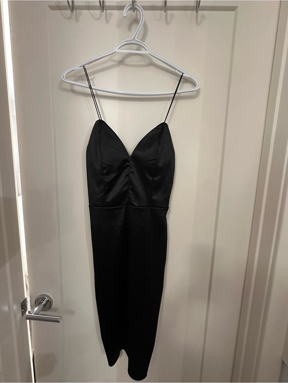 Sleek Black Satin Spaghetti-Strap Midi Dress